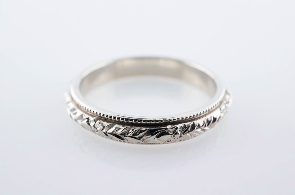   Raised Floral Engraved Art Deco Wedding Band Solid 18k White Gold Ring