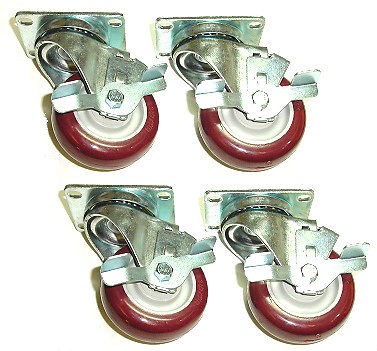 Maroon on Gray Wheel Swivel Plate Casters with 3 1/2 Wheels & Side 