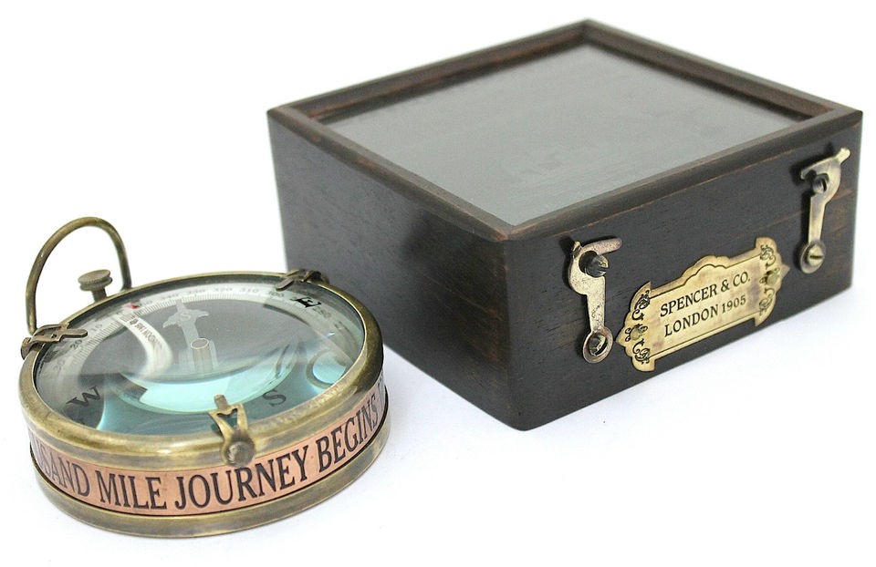 Brass Magnified Compass with wooden Box, Map Compass, Brass Compass