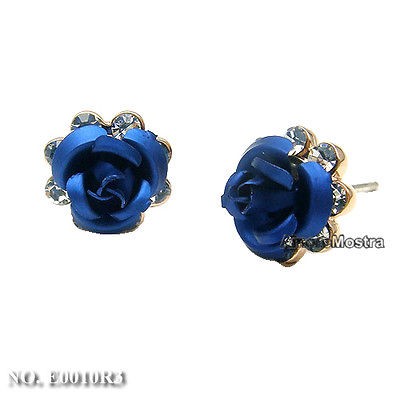   18K Gold Plated Ear Pin Use Swarovski Crystal Blue Rose Flower Earring