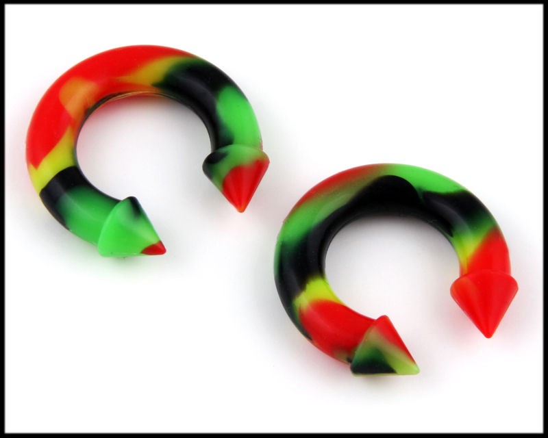   Flexible Soft Silicone Spike Horseshoe Rasta Color Ear PLUGS Gauges