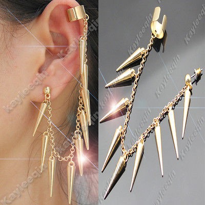   Spikes Stud Chain Link Ear Cuff Clip Wrap Earrings Goth Punk Rock