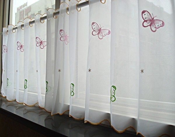 Pretty Pink Green Butterfly Embroidery Sheer Cafe Curtain 44x175CM