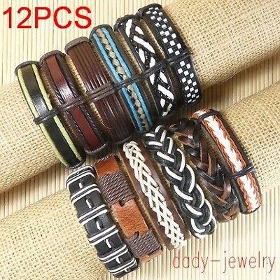 Wholesale lots surfer ethnic tribal 12pcs genuine Leather Bracelets 