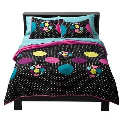 Xhilaration Twin XL Quilt Black Polka Dots & Colorful Flowers