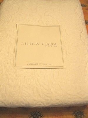 QUEEN LINEA CASA/SFERRA MATELASSE COVERLET SET BRIGHT WHITE 100% 