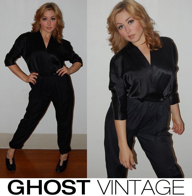   80s JUMPSUIT (S) palazzo BLACK v neck PLUNGING wrap disco grunge slim