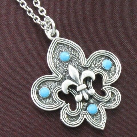 Fleur de Lis Necklace Lily Flower Pendant Turquoise Stones Antique 