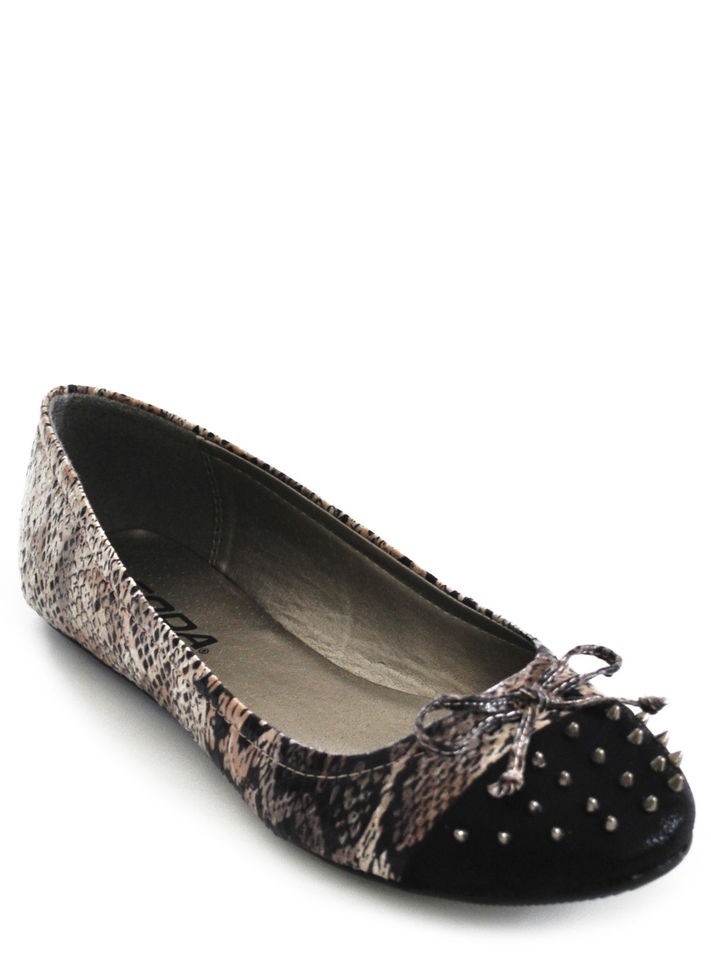 Soda Typo S Taupe Python Cap Toe Spike Decor Slip On Ballet Flats