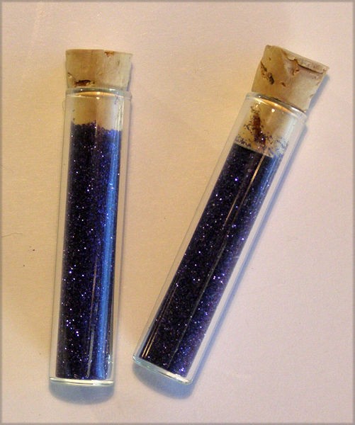 VINTAGE BLUE GLITTER GLASS TUBE BOTTLE CORK TOP OLD