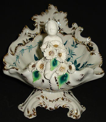   ITALIAN PORCELAIN CENTERPIECE BOWL CHERUB PUTTI GILT DAISIES