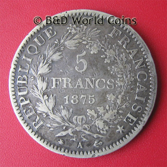 FRANCE 1875 A 5 FRANCS SILVER PARIS MINT 37mm FRENCH CROWN