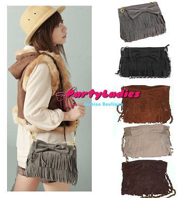 bowknot fringe Tassel mini cross body shoulder chain bag faux Chamois 