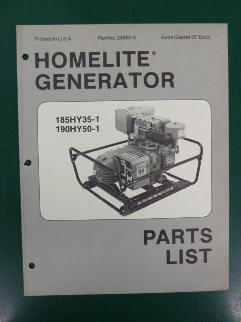 HOMELITE GENERATOR PARTS MANUAL 185HY35 1 190HY50 1 # 24960 A