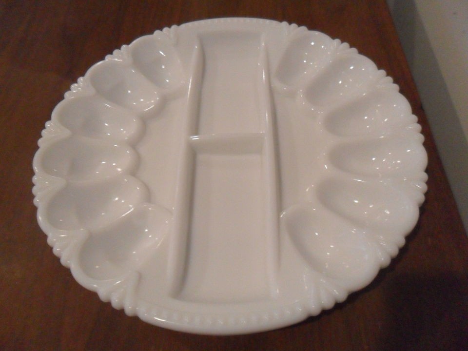 White Milk Glass Deviled Egg Serving Plate HTF