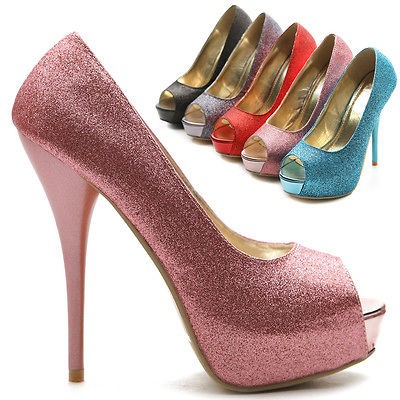   Platforms Pumps Stilettos Open Toe Multi Colored Glitter High Heels