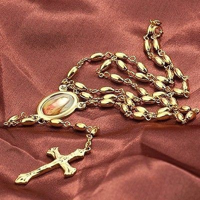 24 Inches 9K Gold Filled Rosary Pray Bead Mary Cross Necklace,#C078