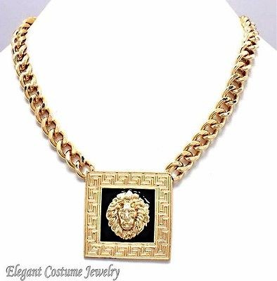   Head Square Pendant Gold Link Chunky Necklace Elegant Costume Jewelry
