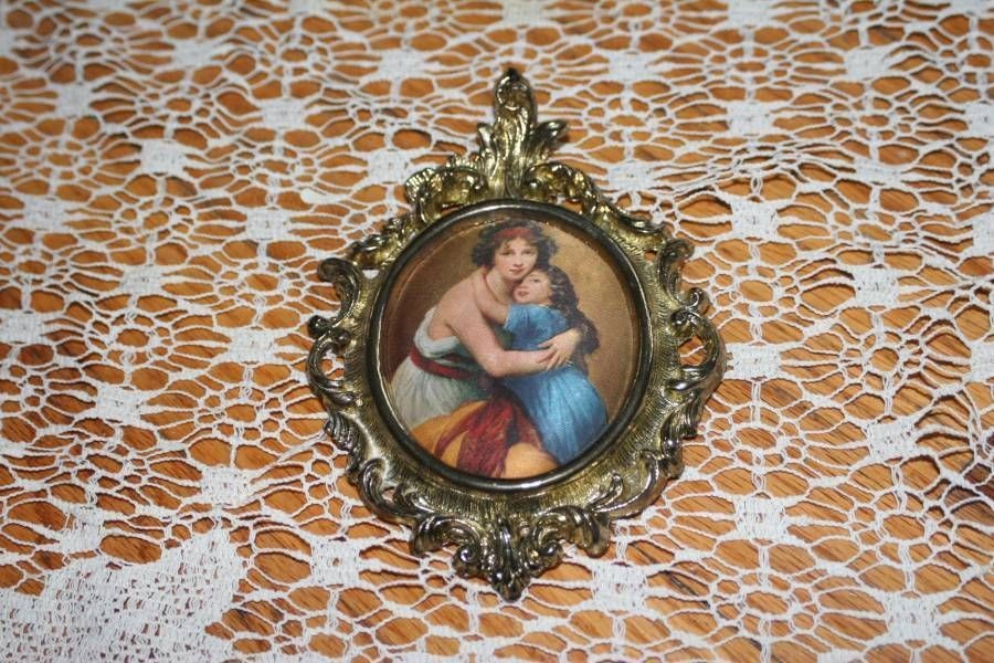 Vintage Chic Ornate Metal PICTURE FRAME Italy Cloth Print Mother Child