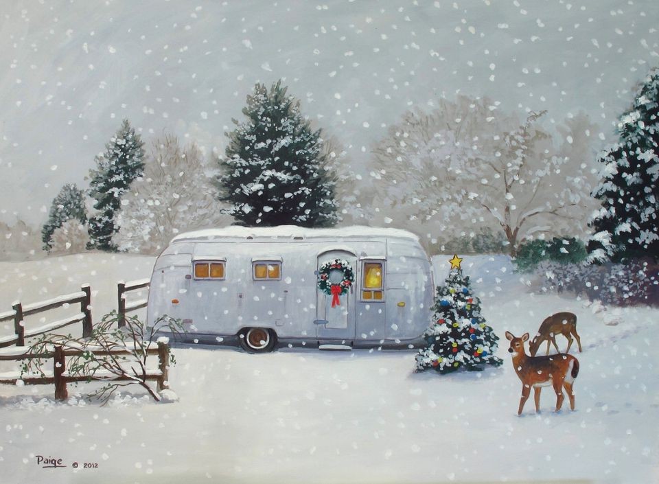 Vintage 1955 Airstream Flying Cloud Travel Trailer CHRISTMAS RV ART