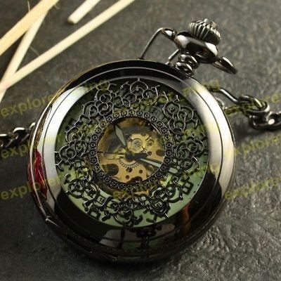   Black Filigree Glow in the dark Arabic Dial Mechanical Pocket Watch