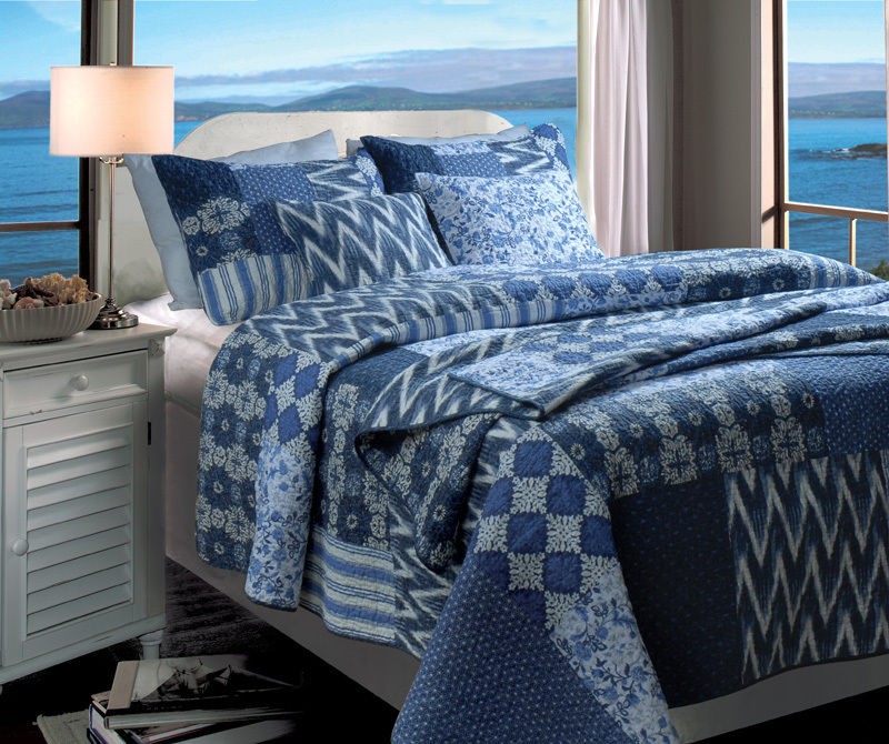 SANTORINI 2pc TWIN Quilt Set Bohemian Indigo Blue Floral Patchwork 