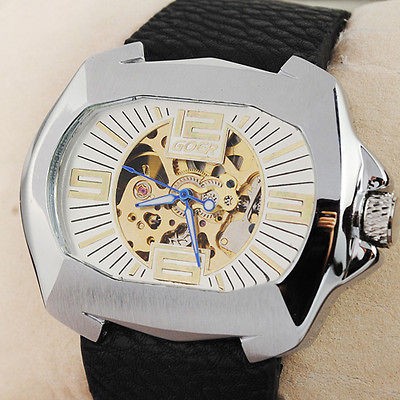   Mens Size Golden Automatic Wrist Watch Rectangle Case Mature Gift New