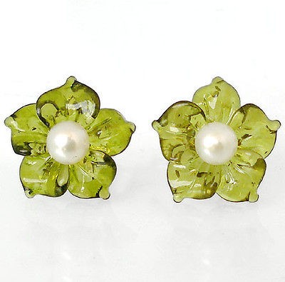 37cttw CLASSIC GREEN BALTIC AMBER FLOWER PEARL 925 SILVER STUD 