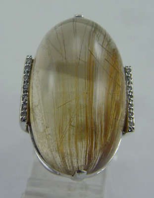   Huge 31cts Rutilated Quartz 18K White Gold Diamond Ring Estate Jewelry