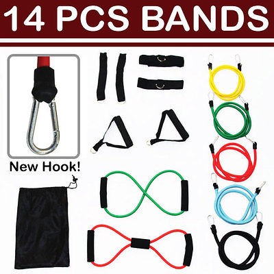 14 pc Resistance Exercise Bands Set for Gym Abs Bicep Yoga Safe Home 