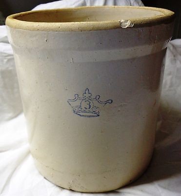 Antique Stoneware Crock Blue Crown With Number 3 Blue Cobalt