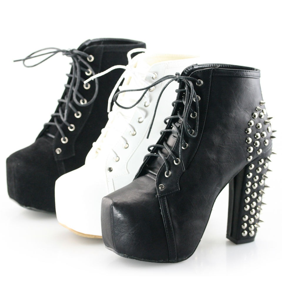   spike stud lace up high block chunky heel platform shoes booties boots