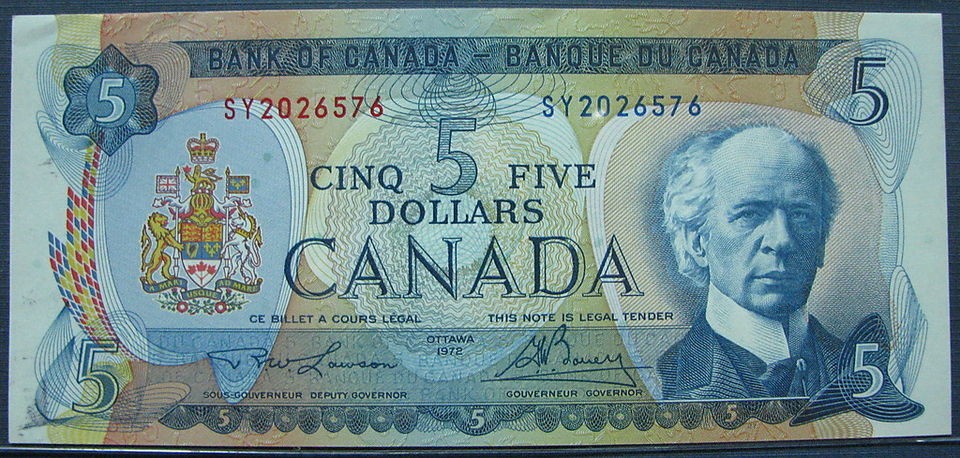 1972 Bank of Canada Paper Money Five Dollars $5 error note banknote