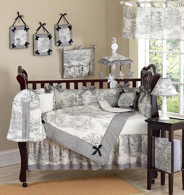 BLACK FRENCH TOILE 9pc UNISEX NEUTRAL BABY GIRL CRIB BEDDING SET ROOM 