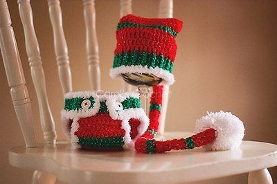 Hand Crochet Christmas long tailed sleep cap & diaper cover *GREAT 