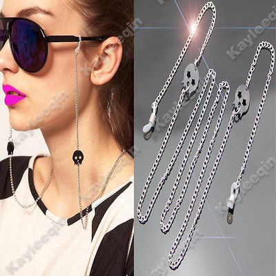 Black Skull Theme Silver Eye Glasses Sunglasses Chain Holder Necklace 