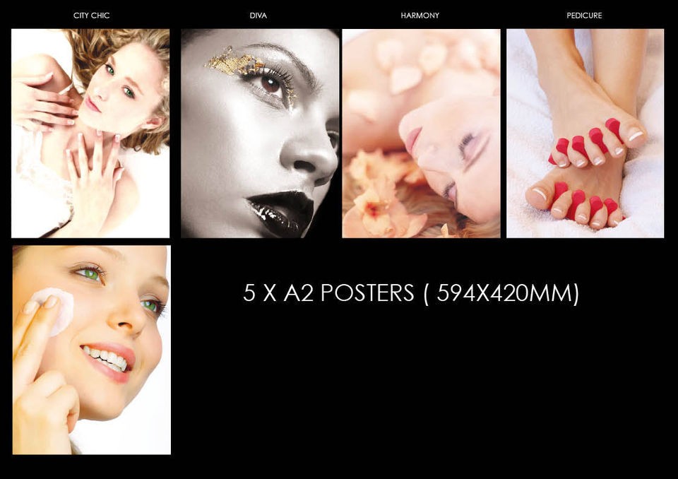 SALON POSTERS 5 X A2 POSTERS MANICURE PEDICURE MASSAGE & FACIAL ON 