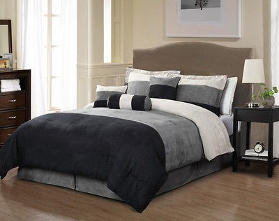 Piece Queen Louis Micro Suede Black and Beige Comforter Set