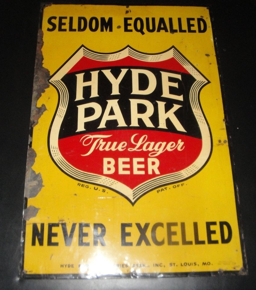 RARE VINTAGE1947 HYDE PARK BEER METAL SIGN ST LOUIS MO 30X20