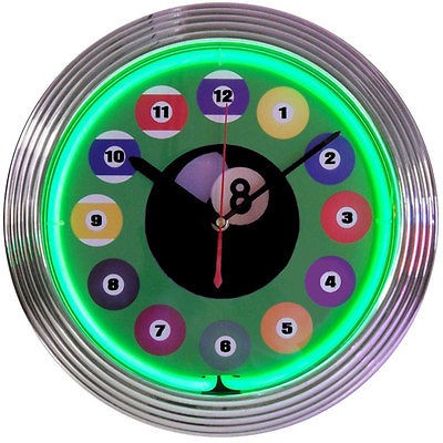 Neon Clock sign Billiards 8 ball pool room lamp art gameroom wall 