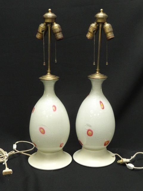   70s WHITE MURANO PULEGOSO BALUSTER FORM GLASS TABLE LAMP * PAIR