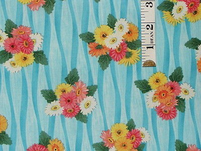   Winget Floral Gerber Bouquet Daisies Flowers Blue Wavy Stripe Cotton