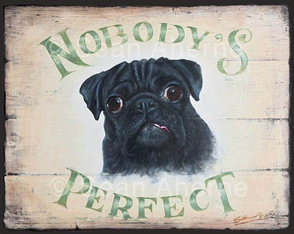 Black Pug Dog Shabby Chic Wooden Print / Picture / Living Room Wall 