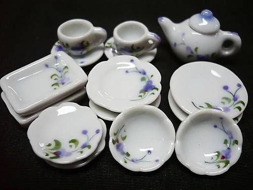   /Co​ffee Set Painted Purple Orchid Dollhouse Miniatures Ceramic