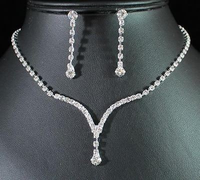   CLEAR AUSTRIAN RHINESTONE CRYSTAL NECKLACE EARRINGS SET BRIDAL N1277