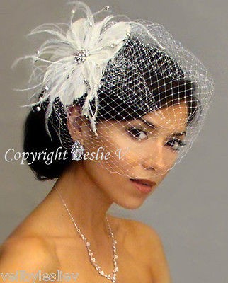 White RHINESTONE BROOCH Fascinator Clip & BIRDCAGE Bridal VEIL Russian 