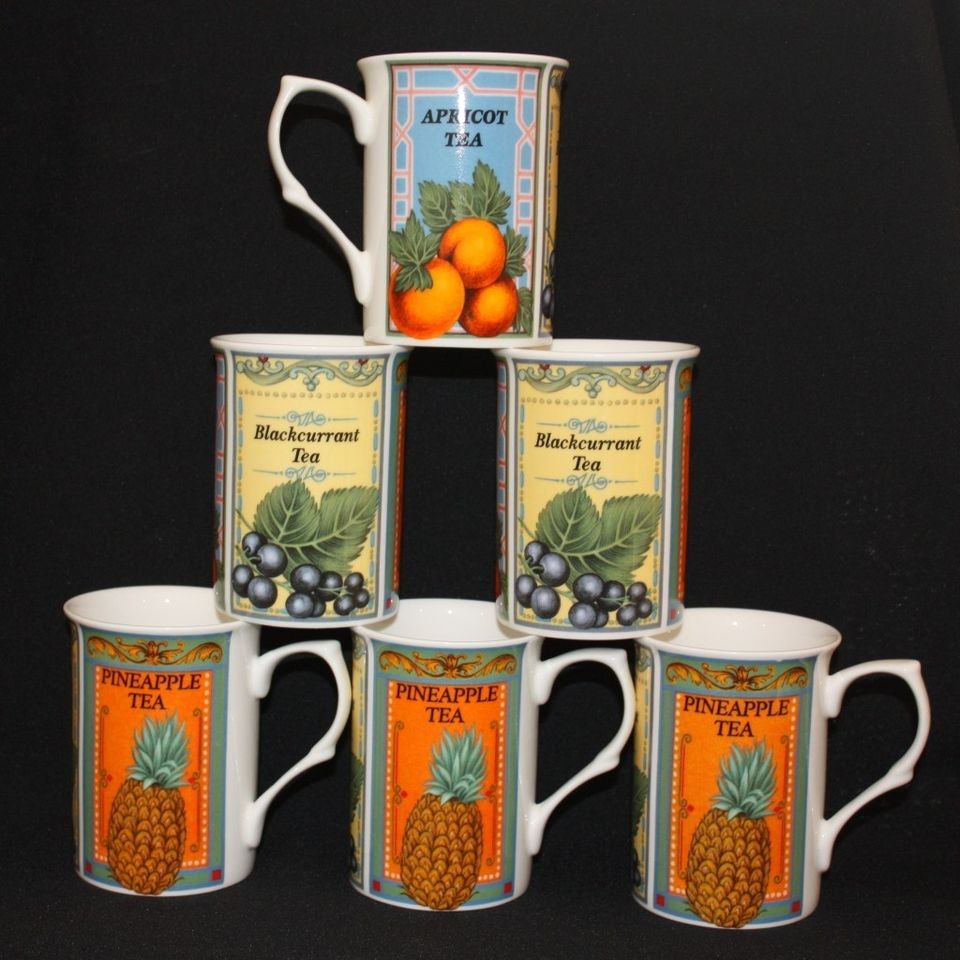   BONE CHINA BLACKCURRENT APRICOT PINEAPPLE FRUIT TEA MUGS CUP GIFT SET