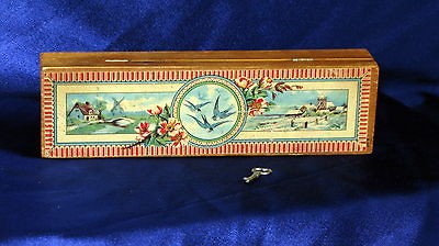   Old Wood Pencil Box Dutch Windmill Spring WInter Scene Skeleton Key