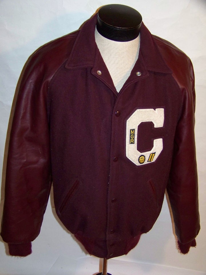 VINTAGE BURGUNDY WOOL & LEATHER VARSITY JACKET USA L