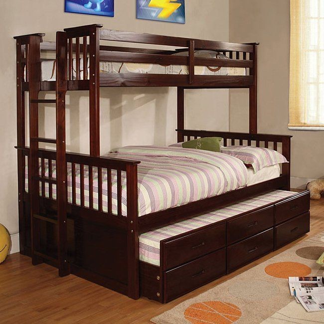 Espresso Twin / Full Bunk Bed w/ Storage Drawers & Trundle Bunkbed